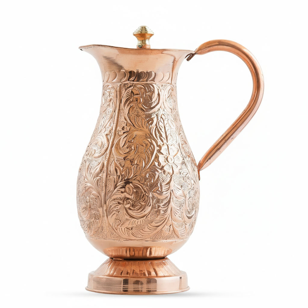 Pure copper antique hammered design mughlai jug with lid embossed, 1500 ML